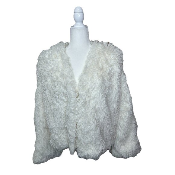 White Faux Fur Fuzzy Jacket Sz XL Juinors Open Front Cropped Boho Southwest Fall - Picture 1 of 8